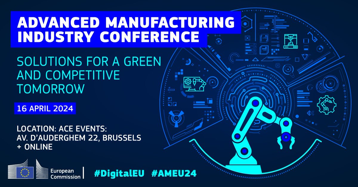 💻 Streaming at 09:45 today! Watch our #AMEU24 Advanced Manufacturing conference 👇 ecconf.webex.com/wbxmjs/joinser… ♻️ Learn how we can boost #NetZero by making European manufacturing more #competitive, green and resilient with AI, robotics and data 🌐 Details: europa.eu/!dVbGb9