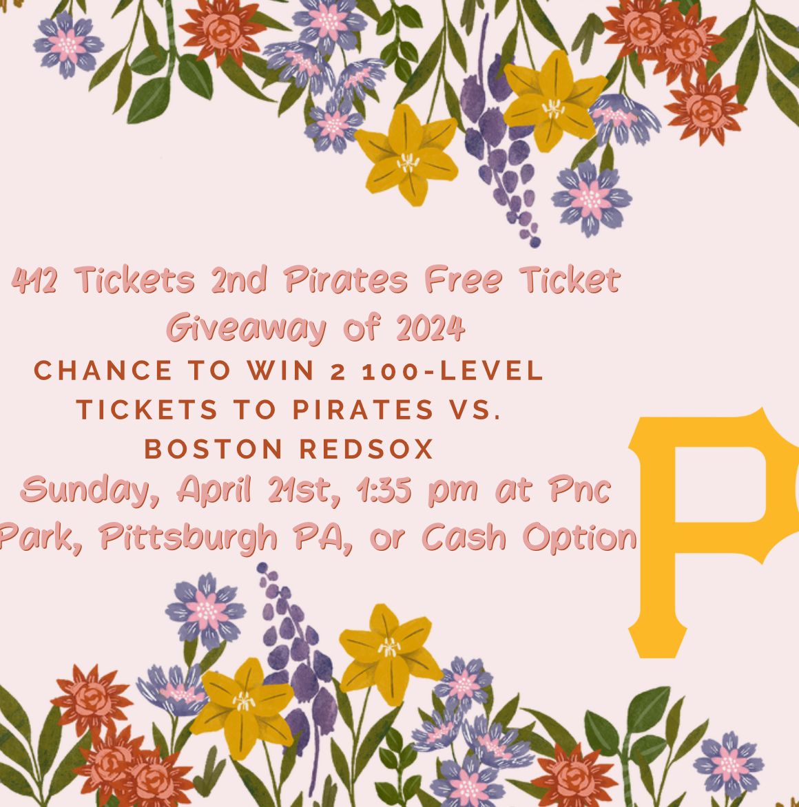 #PiratesFreeTicketGiveaway Chance to win 2 Free 100 Level Tickets to #Pirates vs #RedSox on Sun 4/21 at 1:35pm or $25 via Cash App/Paypal Giveaway starts Now ends Mon 4/15 at 11:59pm EST Follow, RP & TAG FRIENDS Enter on our FB & IG @412Tickets too Winner agrees not to Resale Tix