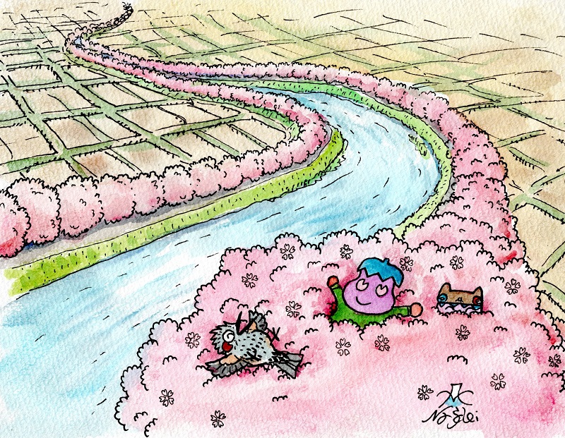 「急用で新潟の実家へ。加治川の桜が満開だった。 」|富士鷹なすびのイラスト