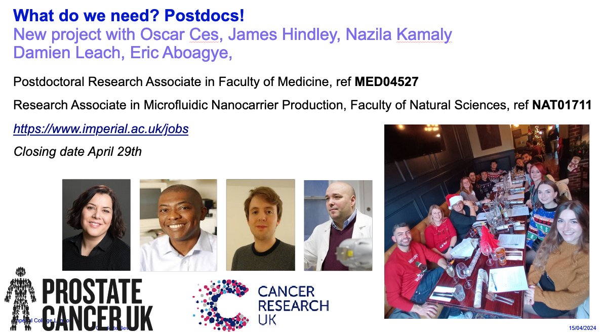 🚨we're recruiting! x2 #postdoc opportunities, be part of our multidisciplinary team developing new synthetic cells to treat #prostatecancer. @ImperialSandC / @impchemistry with @Cesiboy1 @jwhindley @Kamalylab, funded by @CRUKresearch and @ProstateUK