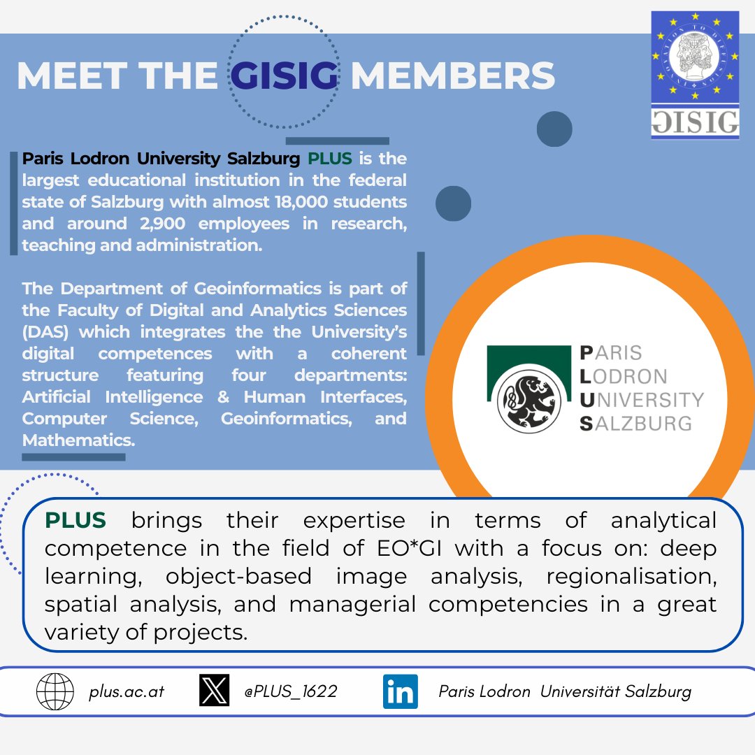 🎯 Meet the #GISIG Members! Do you know @PLUS_1622? Paris Lodron University Salzburg is the largest educational institution in the federal state of Salzburg. PLUS brings their expertise in terms of analytical competence in the field of EO*GI🛰️