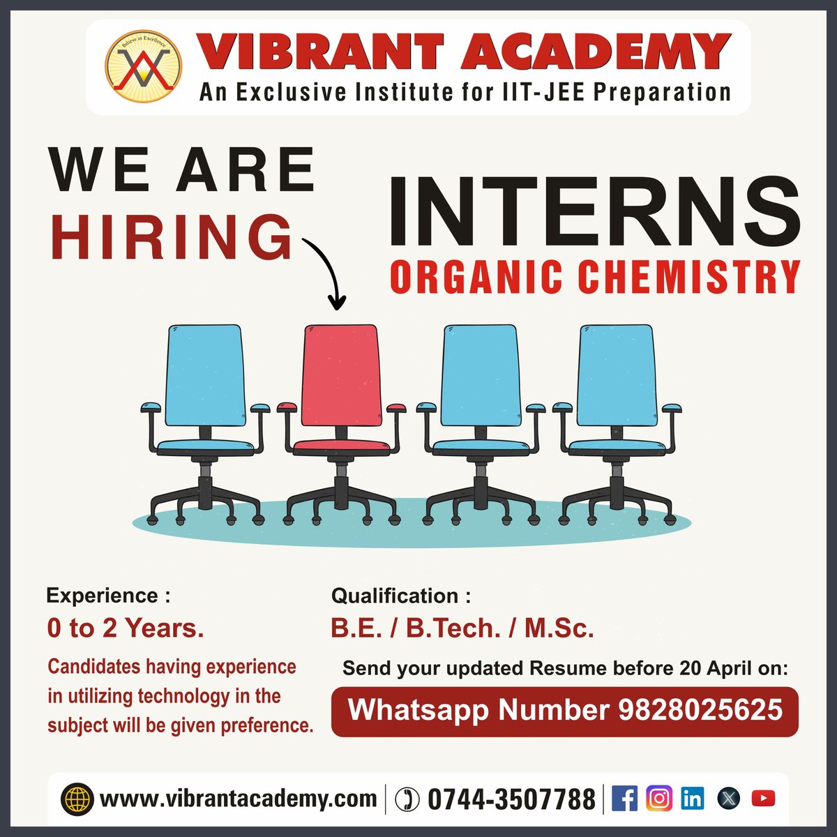 📣Job Alert 
👉We are Hiring 
👩‍💻 INTERNS ORGANIC CHEMISTRY
👉Experience 0 - 2 Years
👉Send your updated Resume before 20 April on: Whatsapp Number  +91 9828025625

#vibrantacademyacademy #kotacoaching #jobsearching #jobsearch #job #jobopportunity #jobsearch