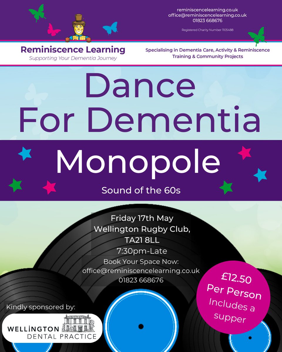 Only FOUR WEEKS to go until our May Dance for Dementia featuring Monopole Book your place now by phoning the office 01823 668676 or email us on office@reminiscencelearning.co.uk Kindly sponsored by Wellington Dental Practice