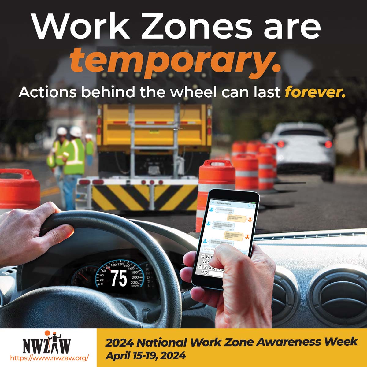 VaDOT's tweet image. April 15 – 19 is #NationalWorkZoneAwarenessWeek. Work zones are temporary, but your actions behind the wheel can last forever. Help keep our 👷‍♀️ crews 👷‍♂️ safe &amp;amp; remember to slow down, ditch distractions &amp;amp; focus on the road when driving through our #WorkZones. #NWZAW2024 🚧 #NWZAW