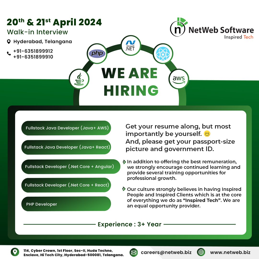 Join us for a #WalkInInterview drive on the 20th and 21st of April in #Hyderabad! Come & explore exciting career opportunities with #NetWeb. Discover diverse roles, & competitive perks, & experience a vibrant work culture. Don't forget to bring your resume & enthusiasm.