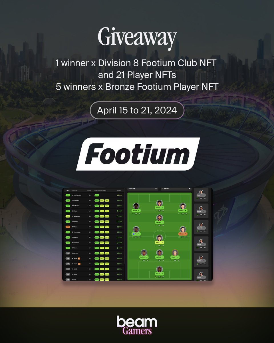 🏆 BeamGamers x Footium Giveaway ⚽🏆
🗓️ April 15 to 21

Step onto the pitch in <a href="/Footium/">Footium</a> where strategy meets sports management! Manage your own football club and lead your players to glory.

Prizes include:

🥇 1 grand prize: 
Division 8 Footium Club NFT + 21 Player NFTs 🎉

🥈