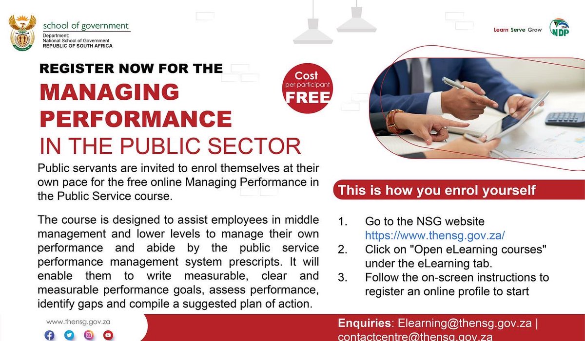 It’s that time of the year when we have to set SMART goals. The Managing Performance in the Public Sector course is there to help you do just that. Free online. Self Paced. Print your own certificate. Register here 👉🏽: elearning.thensg.gov.za/elearning2/log… @GovernmentZA @thedpsa @PSC_ZA