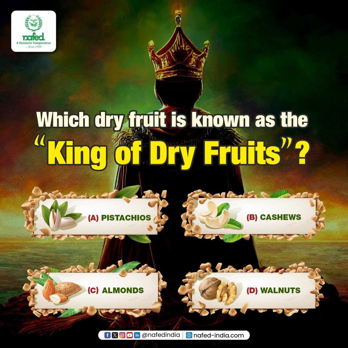 Drop your answer in the comments section!

#NAFED #NafedIndia #DoYouKnow #Nafedquiz #dryfruits #kingofdryfruits