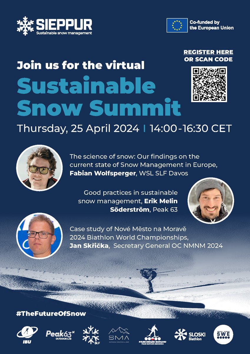 The Sustainable Snow Management Project #SIEPPUR hosts the #Sustainable #Snow Summit on 25 April 2024. With Fabian Wolfsperger (#SLF), Erik Melin Söderström (#Peak63) and Jan Skřička (OC 2024 #Biathlon World Championships). More info and registration: sustainablesnow.sport/snow_summit/