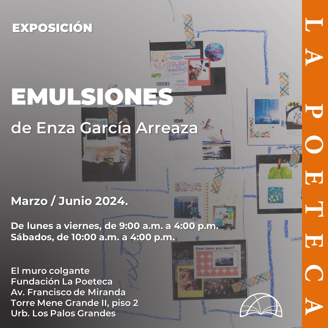 Buenos días, amigos. Recuerden que la exposición «Emulsiones», de Enza García Arreaza (@enzagarcia), se encuentra exhibida en El muro colgante, de nuestra sede. Los invitamos a visitarnos y disfrutar esta muestra de collages.