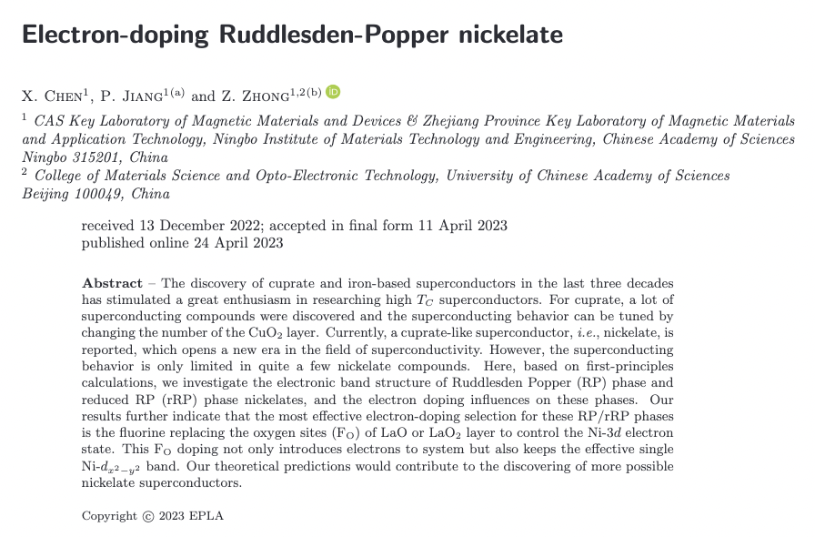 Electron-doping Ruddlesden-Popper nickelate by X. Chen, P. Jiang and Z. Zhong 👉 vu.fr/TJnRn