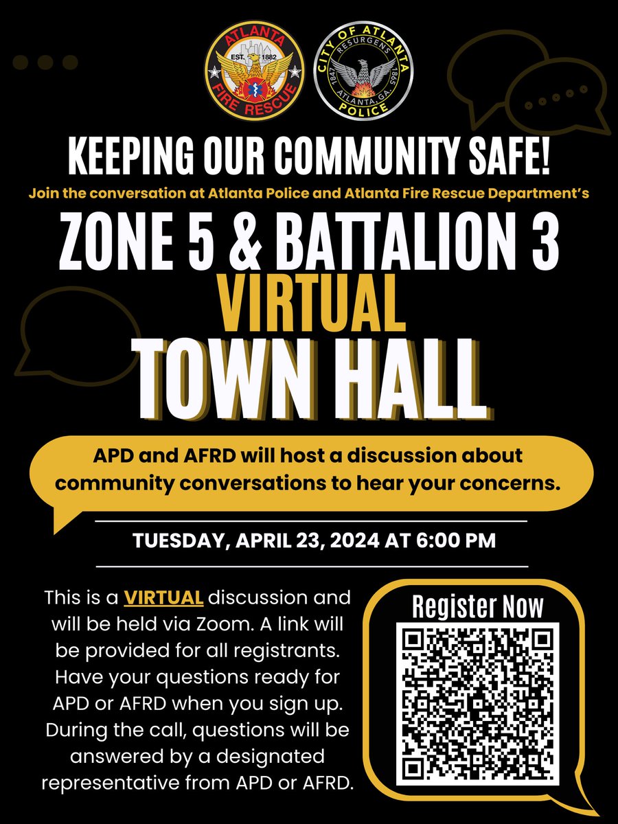 JOIN US: APD & AFRD Hosts Virtual Public Safety Townhall for Zone 5/Battalion 3
 
📅 April 23, 2024
⏰ 6:00PM-7:00PM 
📍Virtual

We hope you can join us.

Register here (closes on 4/17) - forms.office.com/g/TdnPmq7dzu 

#AFRD #APD #OneSafeCity 🚒🚓