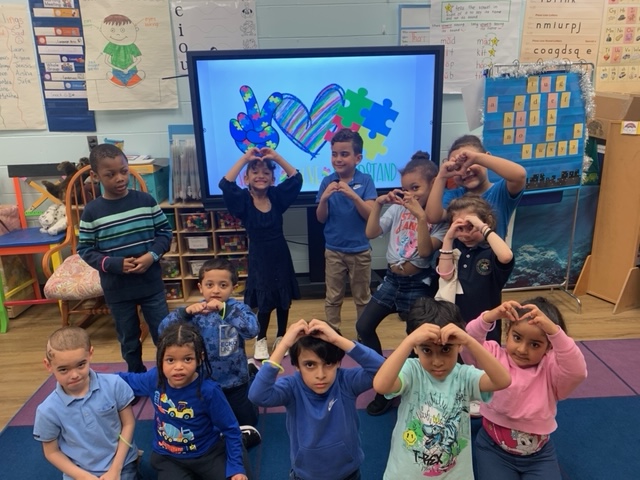 Ms. Graham and Ms. Seclen's Kindergarten class wearing blue in support of Autism Awareness Month! 💙💙💙 @BayonneBOE