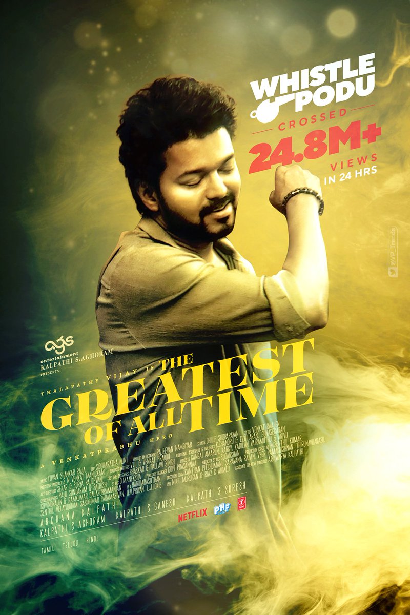 South India's Most Viewed Lyric Video in 24 hours is now belongs to #WhistlePodu 🥳💥 #TheGOAT #TheGreatestOfAllTime ✨ youtu.be/2K2BPUT4VWs?si… A @actorvijay Sir vocal 🎤 A @vp_offl Hero😎 #TheGreatestOfAllTime @archanakalpathi @aishkalpathi @Ags_production