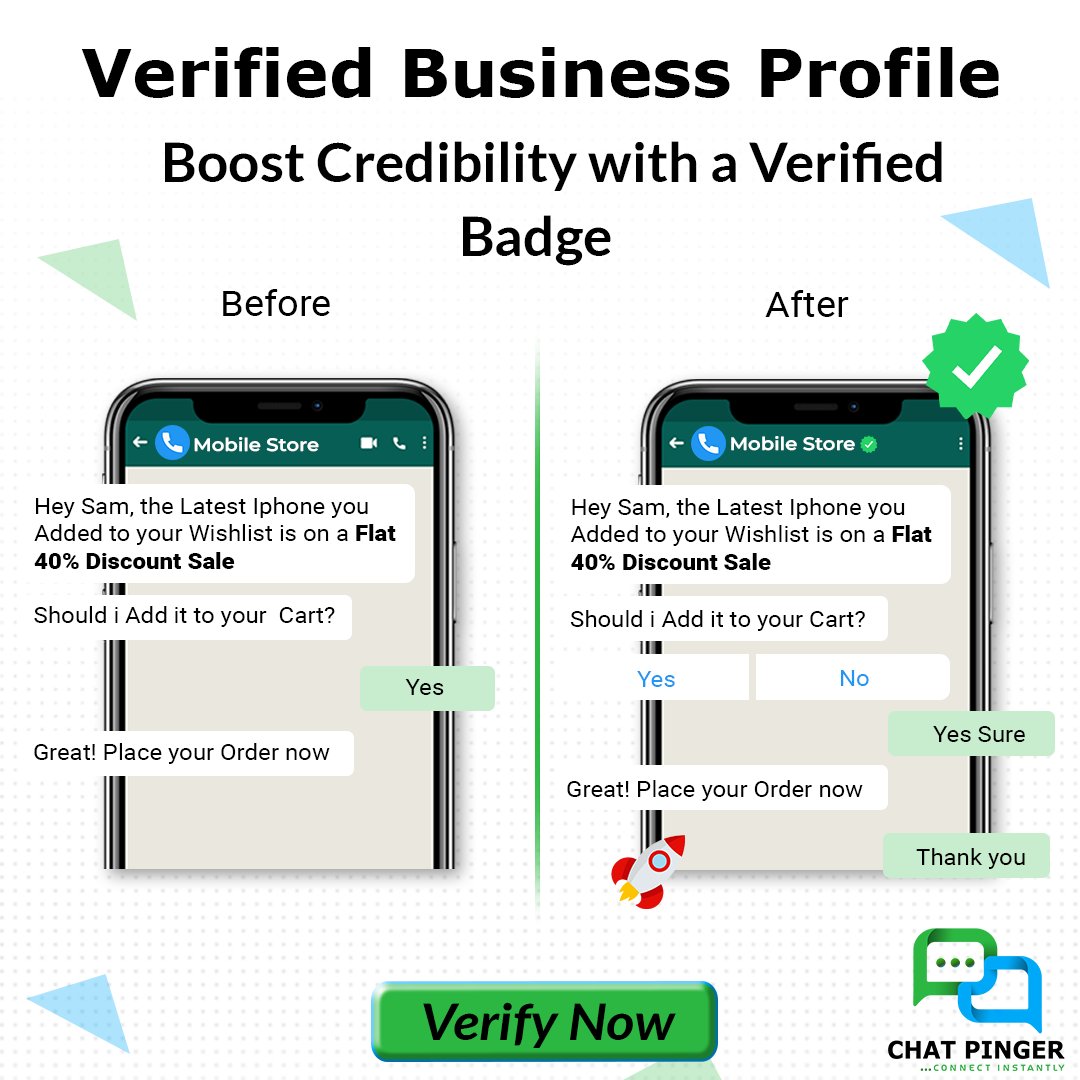 ✅🌟 Boost Your Credibility Instantly

Elevate your brand with WhatsApp's verified badge. 🛡️

#whatsappmarketing #ChatPinger #whatsappbot 
#chatbot  #boostbusiness #businesstrust #whatsappgreentick #verified #verifiedbusiness #brandidentity #brandvisibility