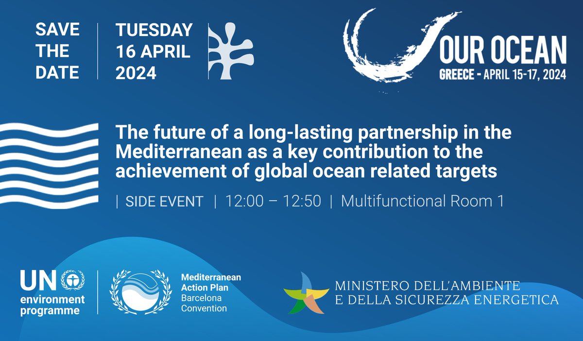 📢 Mark your calendar! Join us for a side event on 'The future of a long-lasting partnership in the Mediterranean for achieving global ocean targets.' #SaveTheDate #Act4Med #OurOcean #BarcelonaConvention