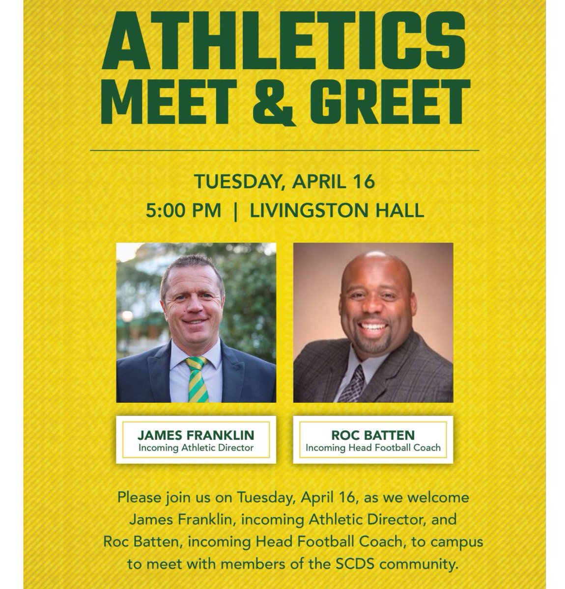 Stop over to Livingston Hall tomorrow and introduce yourself to our new AD and Head Football Coach! See you there! #HornetNation #SWARM