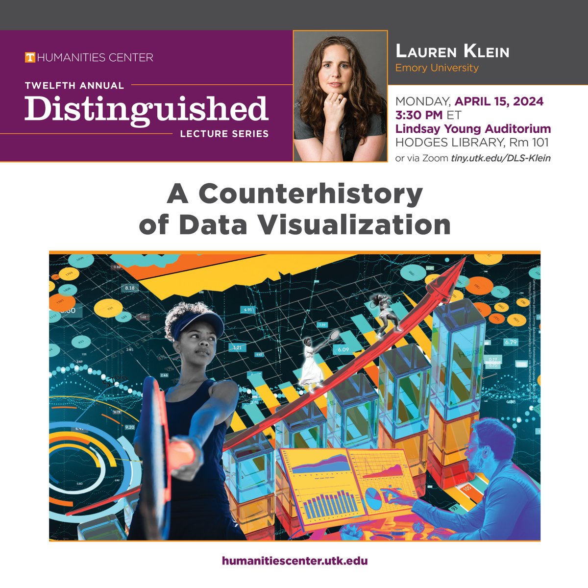 TODAY! Join us in @UTKLibraries' auditorium (or via Zoom livestream) for 'A Counterhistory of Data Visualization' with Lauren Klein, the final talk in our 2023-2024 Distinguished Lecture Series. We hope to see you there! humanitiescenter.utk.edu/programs/disti…