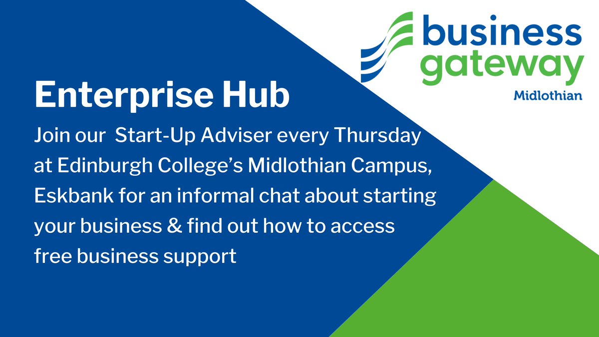 Every Thursday we’re on site @edinburghcoll in Eskbank. Open to everyone, pop along for an informal chat with our #StartUp Adviser about starting your own #business and find out about the free #support available. Book your free appointment today by emailing bg@midlothian.gov.uk