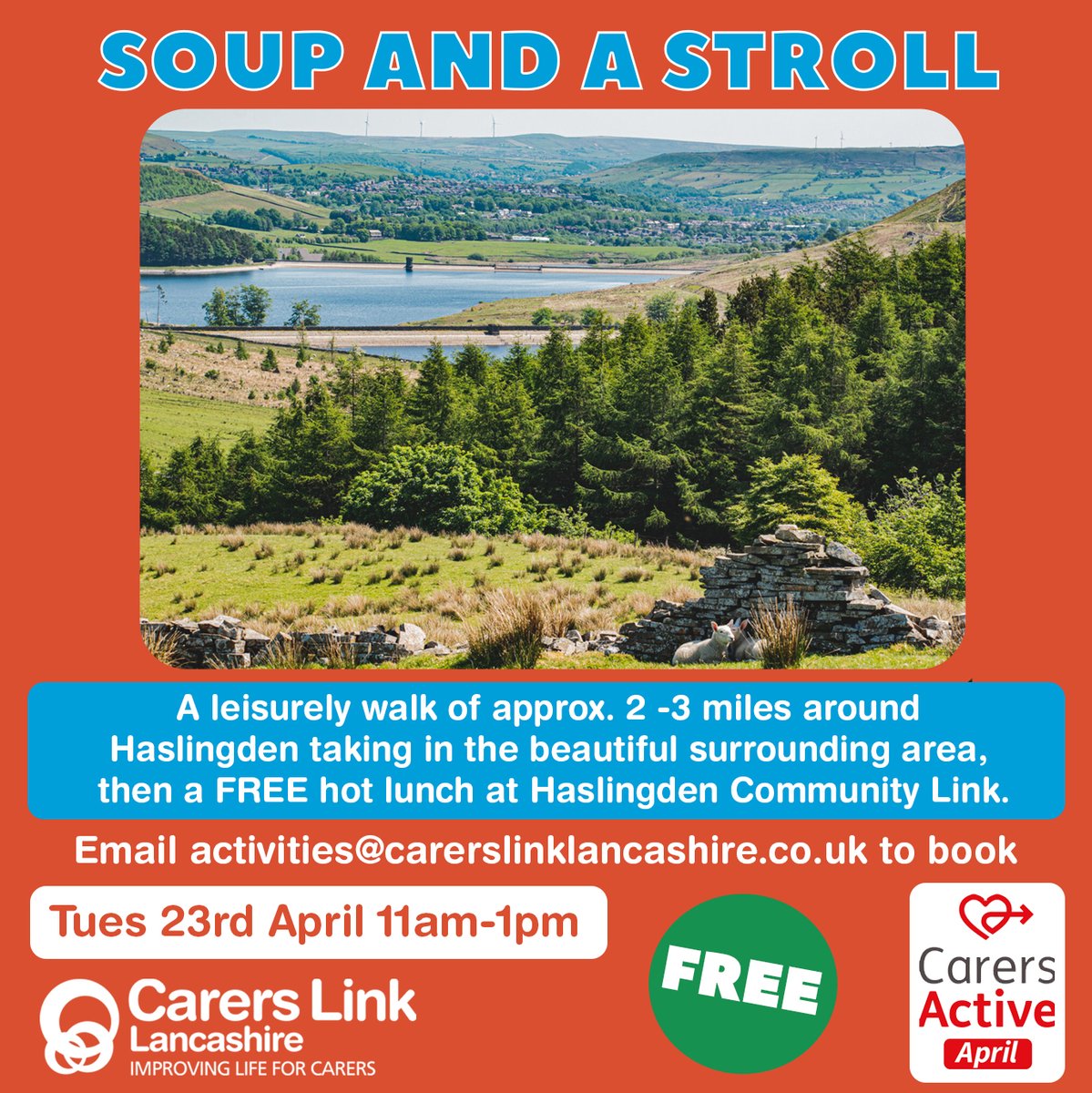 Join us, as part of Carers Active April, for a FREE Soup and a Stroll in Haslingden next week! Natter with other carers and our staff, take in the scenery, and finish with free soup at Community Link! Email us at activities@carerslinklancashire.co.uk to book your place.
