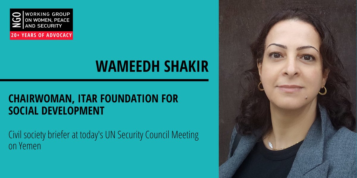 Today, we stand with Wameedh Shakir, Chairwoman of Itar Foundation for Social Development, as she briefs the #UNSC on the gendered impact of the humanitarian, economic and climate crises in #Yemen. Watch at 10am EDT/5pm Yemen: webtv.un.org/en/asset/k1c/k…