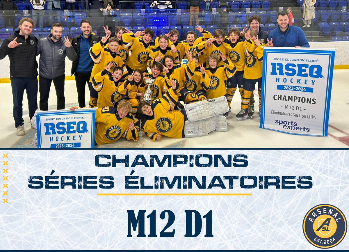 🚨ALERTE CHAMPIONNAT🚨
Tirant de l’arrière 1-0 dans la série finale les opposant au <a href="/graal1954/">Graal Clarétain</a>, l’équipe M12D1 de l’Arsenal a fait preuve de caractère en remportant les 2 matchs suivants, méritant par le fait même son 2e titre de séries éliminatoires en 3 ans!
#NousSommesArsenal