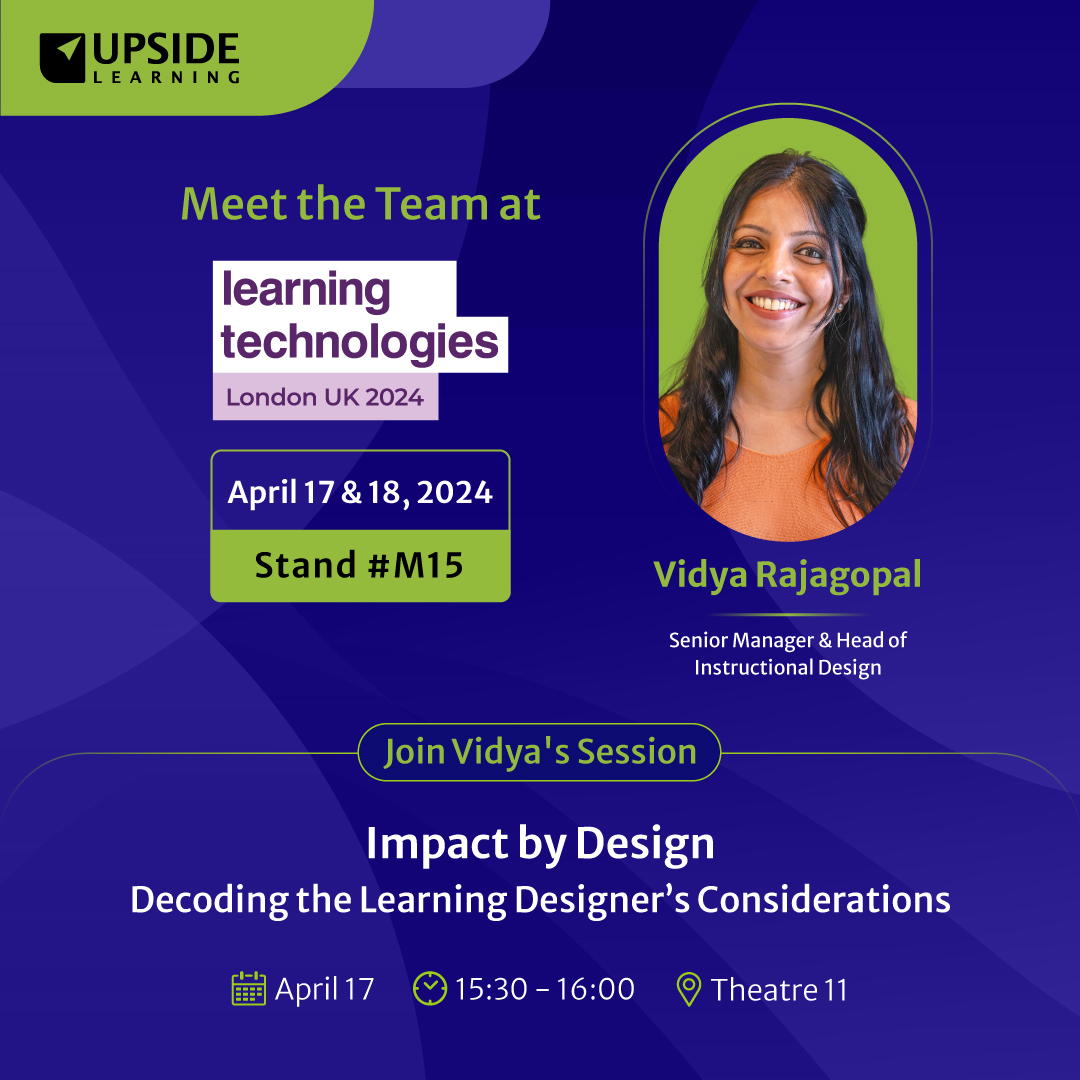 𝐌𝐞𝐞𝐭 Vidya Rajagopal, 𝐒𝐞𝐧𝐢𝐨𝐫 𝐌𝐚𝐧𝐚𝐠𝐞𝐫 𝐚𝐧𝐝 𝐇𝐞𝐚𝐝 𝐨𝐟 𝐈𝐧𝐬𝐭𝐫𝐮𝐜𝐭𝐢𝐨𝐧𝐚𝐥 𝐃𝐞𝐬𝐢𝐠𝐧 𝐚𝐭 #𝐔𝐩𝐬𝐢𝐝𝐞𝐋𝐞𝐚𝐫𝐧𝐢𝐧𝐠, 𝐚𝐭 𝐭𝐡𝐞 𝐮𝐩𝐜𝐨𝐦𝐢𝐧𝐠 𝐋𝐞𝐚𝐫𝐧𝐢𝐧𝐠 𝐓𝐞𝐜𝐡𝐧𝐨𝐥𝐨𝐠𝐢𝐞𝐬 𝐂𝐨𝐧𝐟𝐞𝐫𝐞𝐧𝐜𝐞 𝟐𝟎𝟐𝟒! #ltconference2024