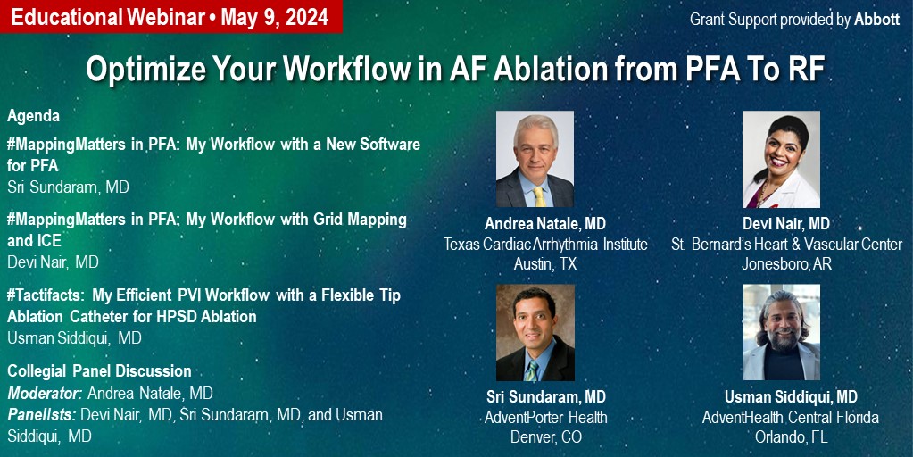 #epeeps Register for the educational Webinar, Optimize your Workflow in AF Ablation from PFA to RF, featuring lectures & discussions with @srissundaram @Drdevignair @Siddmann @natale_md. View live broadcast times & register @ innovationsincrm.com/abbott26 @AbbottGlobal