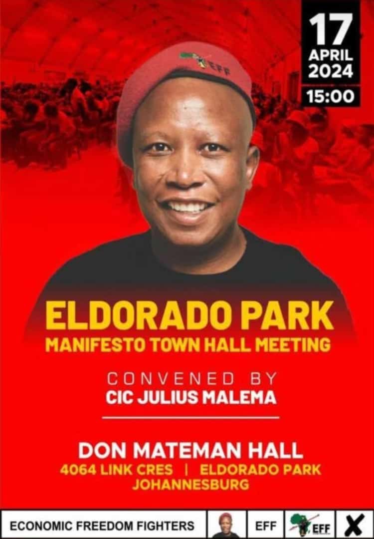 🚨Do Not Miss It🚨 CIC @Julius_S_Malema will address the Eldorado Park Manifesto Town Hall Meeting on Wednesday, 17 April 2024, Don Mateman Hall at 15h00.