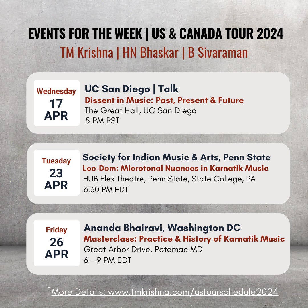 Upcoming events as part of my US Spring Tour. For the full schedule and more details, visit my website : tmkrishna.com/ustourschedule…