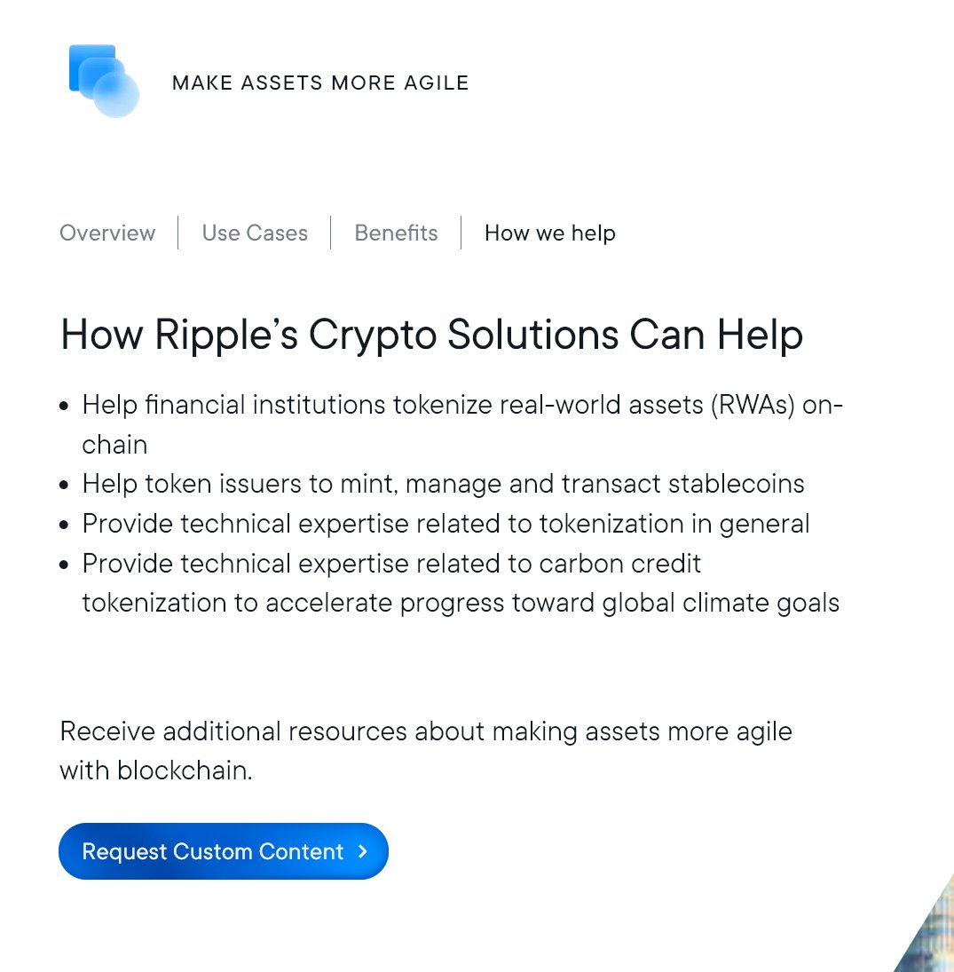 👑⛓️ HOW RIPPLE´S CRYPTO SOLUTIONS CAN HELP ➡️TOKENIZATION

1) #TOKENIZATION RWAs
2) #STABLECOIN LIFECYCLE
3) #EXPERTISE
4) #CARBONCREDIT

SOURCE @Ripple: ripple.com/crypto-means-b… 

#XRPL #XRP #AMM #DEX