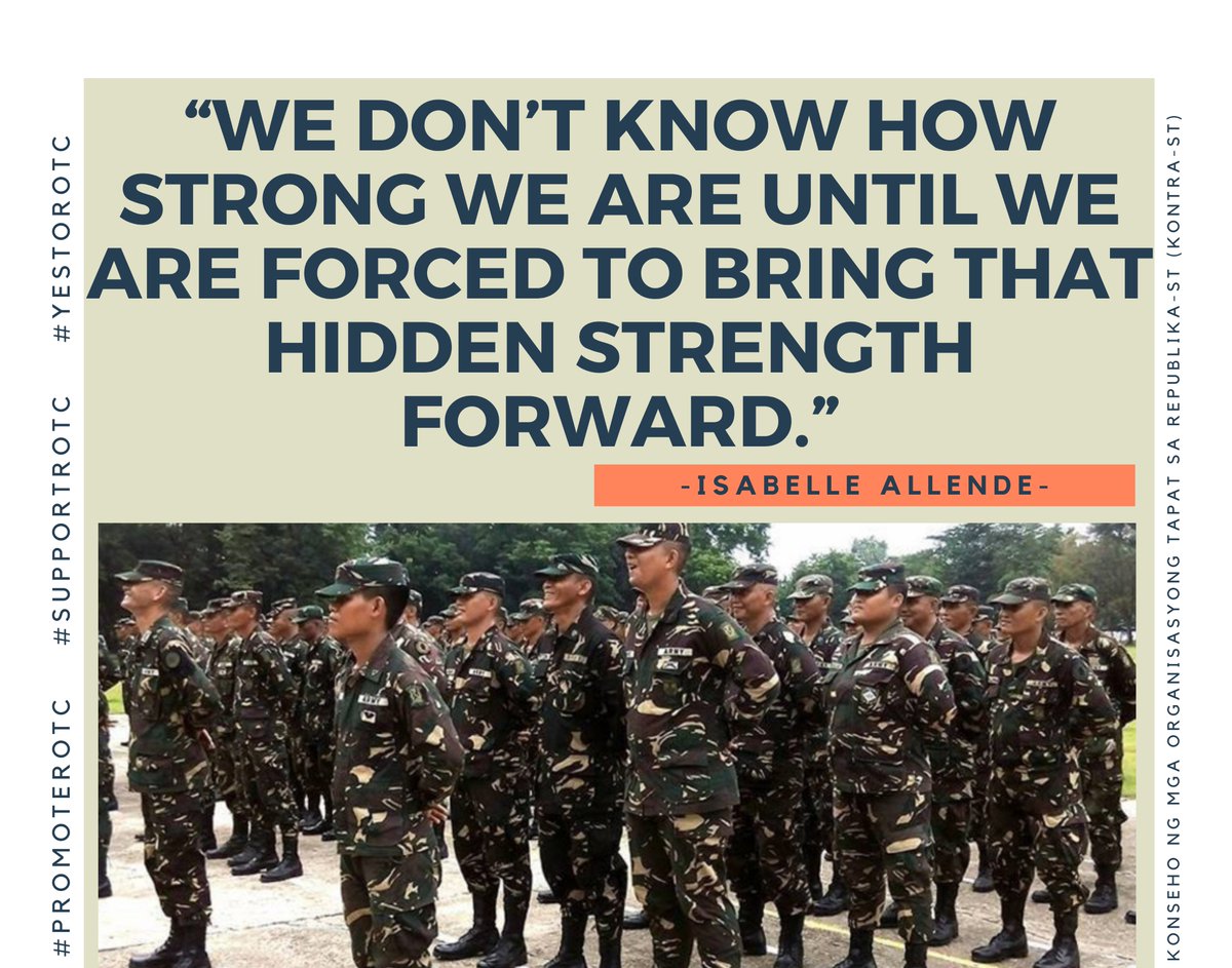 JaneReyes112627's tweet photo. “WE DON’T KNOW HOW STRONG WE ARE UNTIL WE ARE FORCED TO BRING THAT HIDDEN STRENGTH FORWARD.”
-ISABELLE ALLENDE-
#PromoteROTC
#SupportROTC
#YesToROTC
#KathDen
#FranSeth https://t.co/IDKHXjT6Vt