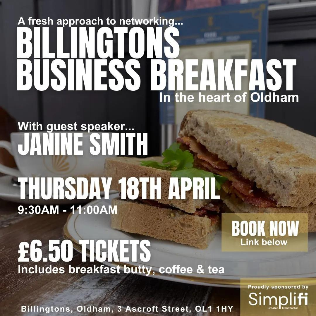 We're delighted to sponsor <a href="/BillingtonsOL1/">Billingtons Oldham</a> Business Breakfast this Thurs, 18 Apr.

Along with networking, the event will feature Janine Smith, Director of <a href="/bizgrowthhub/">Business Growth Hub</a>, sharing her top tips on how #SMEs can achieve business growth.

Book your place here: ow.ly/uxJk50Rg7zJ