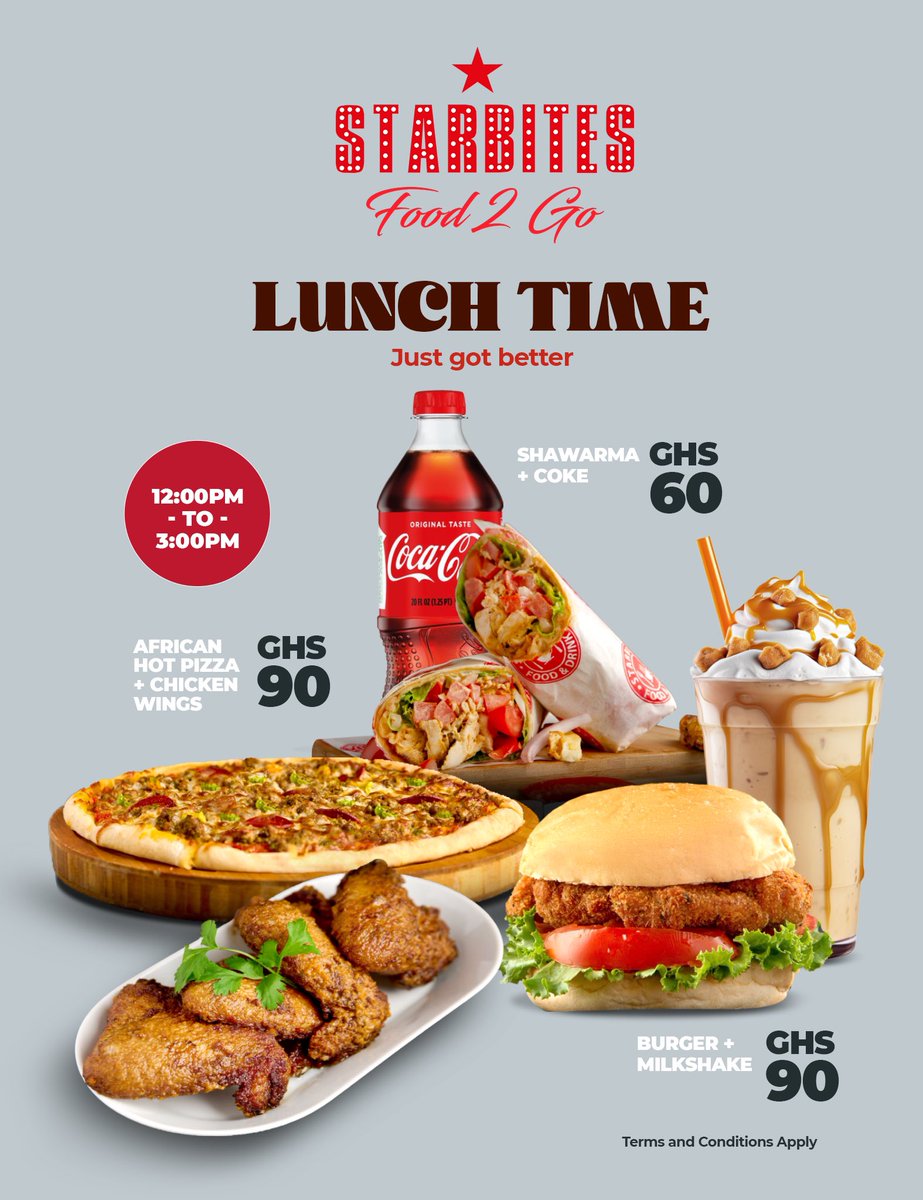 The Lunchtime special is back and better! 1. African hot pizza and 4  chicken wings for 90 cedis 2. Shawarma and a bottle of Coke for 60 cedis 3.  A burger and