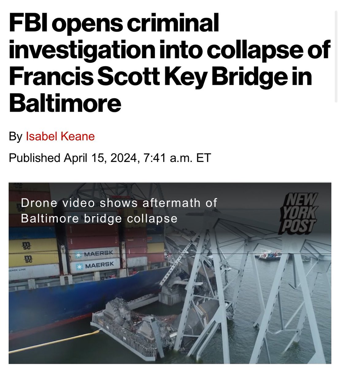 Moments after the collapse of the Key Bridge in Baltimore the FBI announced that the incident was an accident and called all other speculation dangerous misinformation. There was no way they could have known AND this is why Americans no longer trust the FBI.