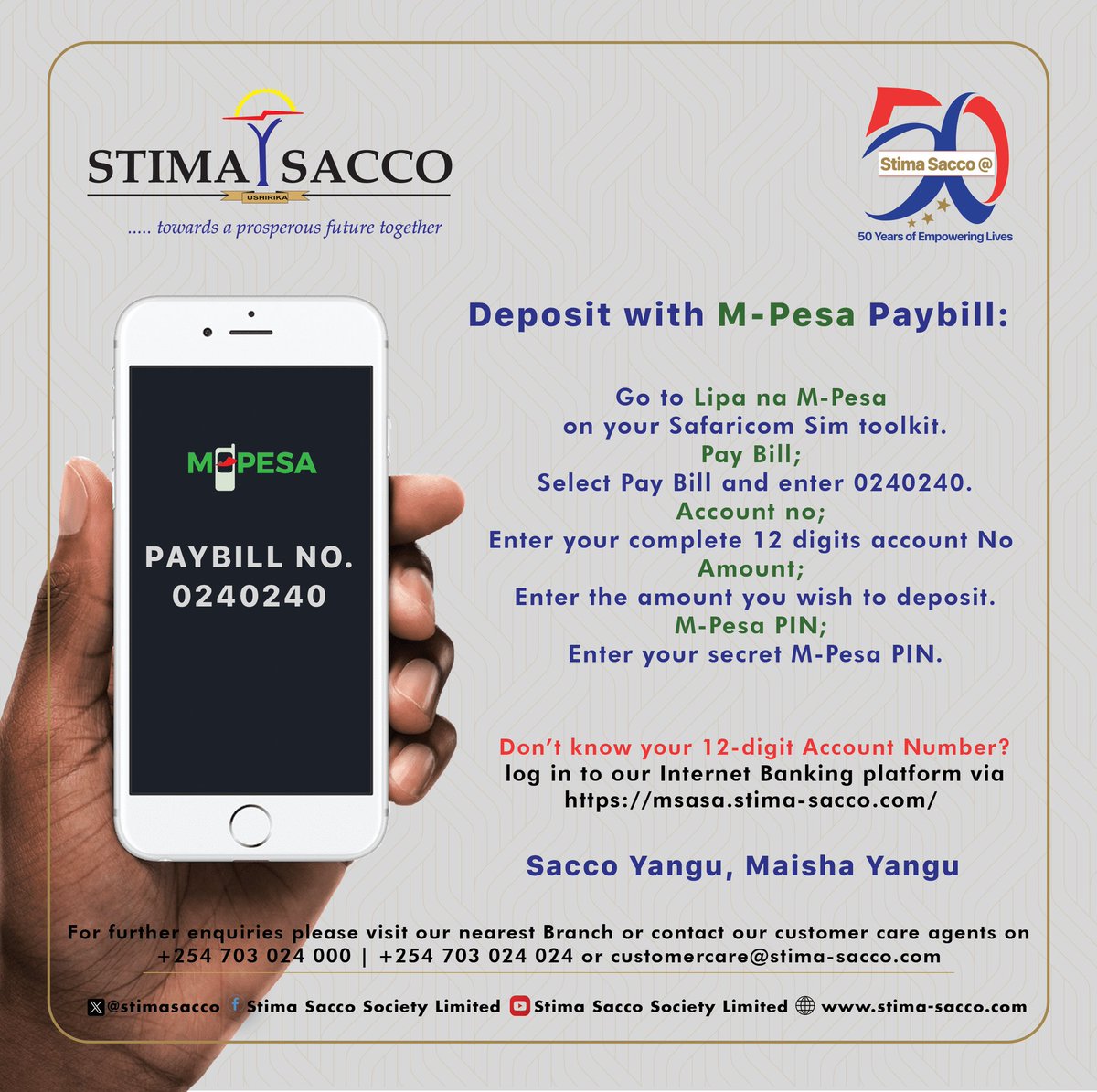 We have introduced a New Paybill business number 0240240 for direct M-Pesa to account deposits. Kindly note that the old paybill business number 4083183 has been officially discontinued. #50YearsOfEmpoweringLives #SaccoYanguMaishaYangu