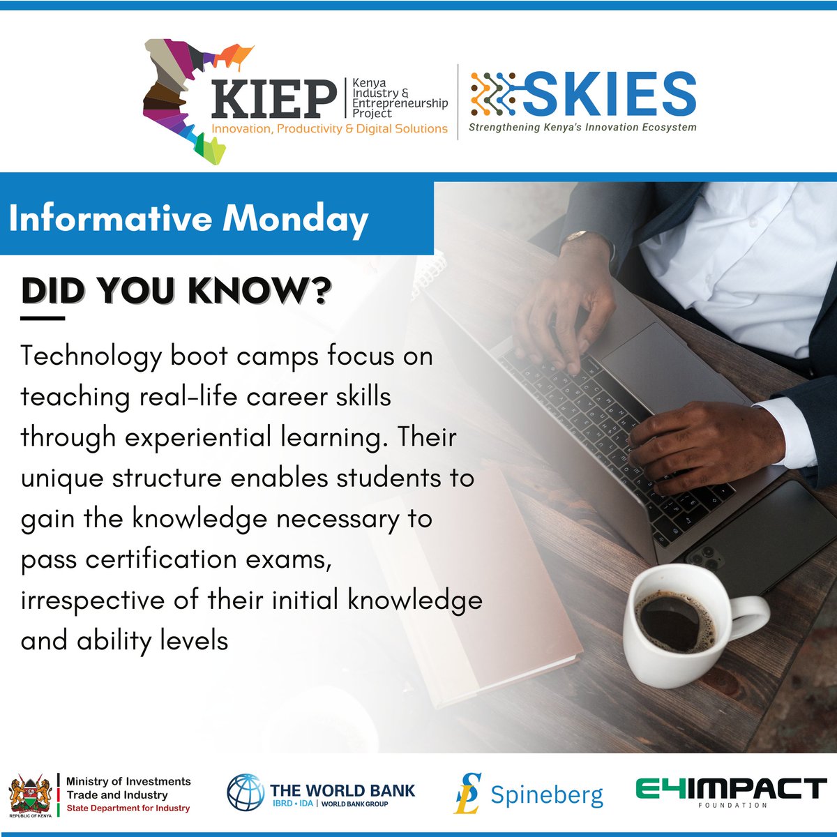 The goal of a tech training bootcamp is to understand and retain a large amount of information in a short time. Instructor-led activities are combined with self-education techniques to help students efficiently learn the material. @Kiep254 @E4Impact @E4ICenterKenya