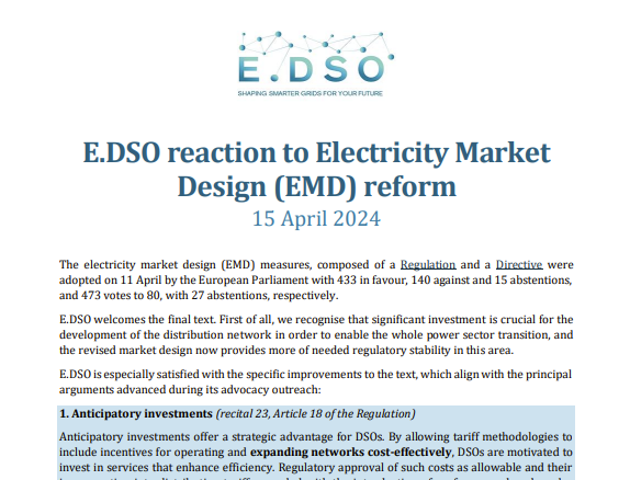 Read E.DSO reaction to the improvements to the #ElectricityMarketDesign (EMD) measures approved by the European Parliament on 11 April 2024. ➡️ bit.ly/3Q2ACte