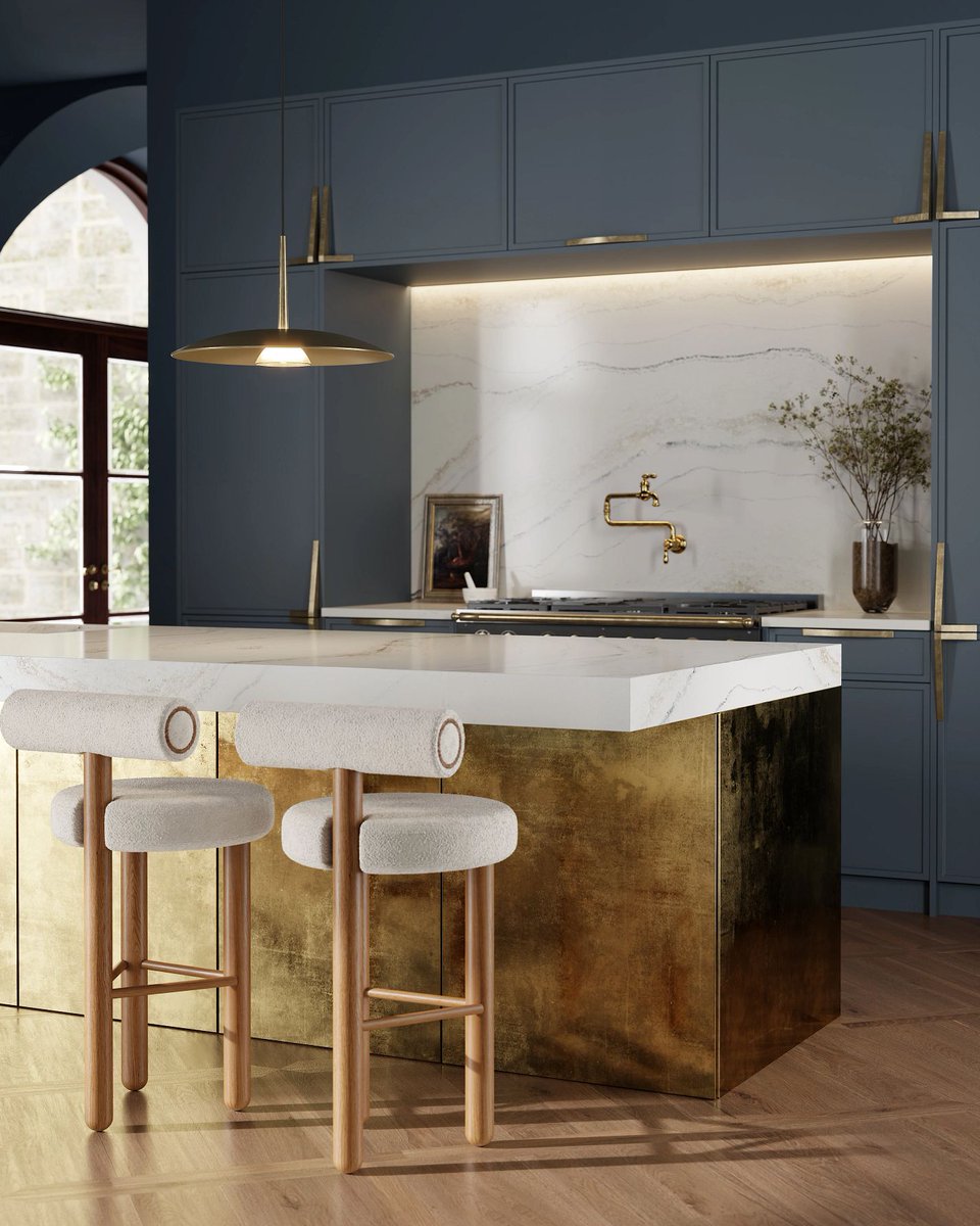 Metal meets depth. Rich colors, aged brass cabinets, and #CambriaLakedale quartz surfaces strike the perfect balance in this storied and contemporary space. 

#kitcheninspiration #quartz #quartzcountertops #quartzbacksplash #kitchengoals #arch #WeAreCambria