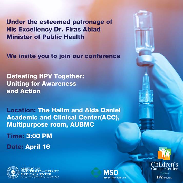 Join Dr @fadhil_ibtihal at tomorrow's hybrid conference at @AUB_Lebanon on #HPV vaccination💉& #CervicalCancer elimination efforts, hosted by the Children’s Cancer Center of Lebanon @CCCLebanon under the auspice of 🇱🇧 Ministry of Health. Register now👉 shorturl.at/nBSV0