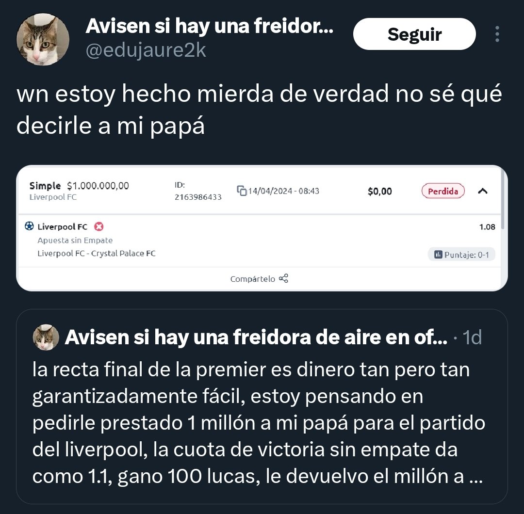 No existe la plata fácil y mucho menos en las apuestas. Esto le pasó a alguien en Chile, pero tranquilamente puede pasar acá también.

La ludopatía en ascenso entre jóvenes es una realidad. Debería ser cuestión de salud pública.