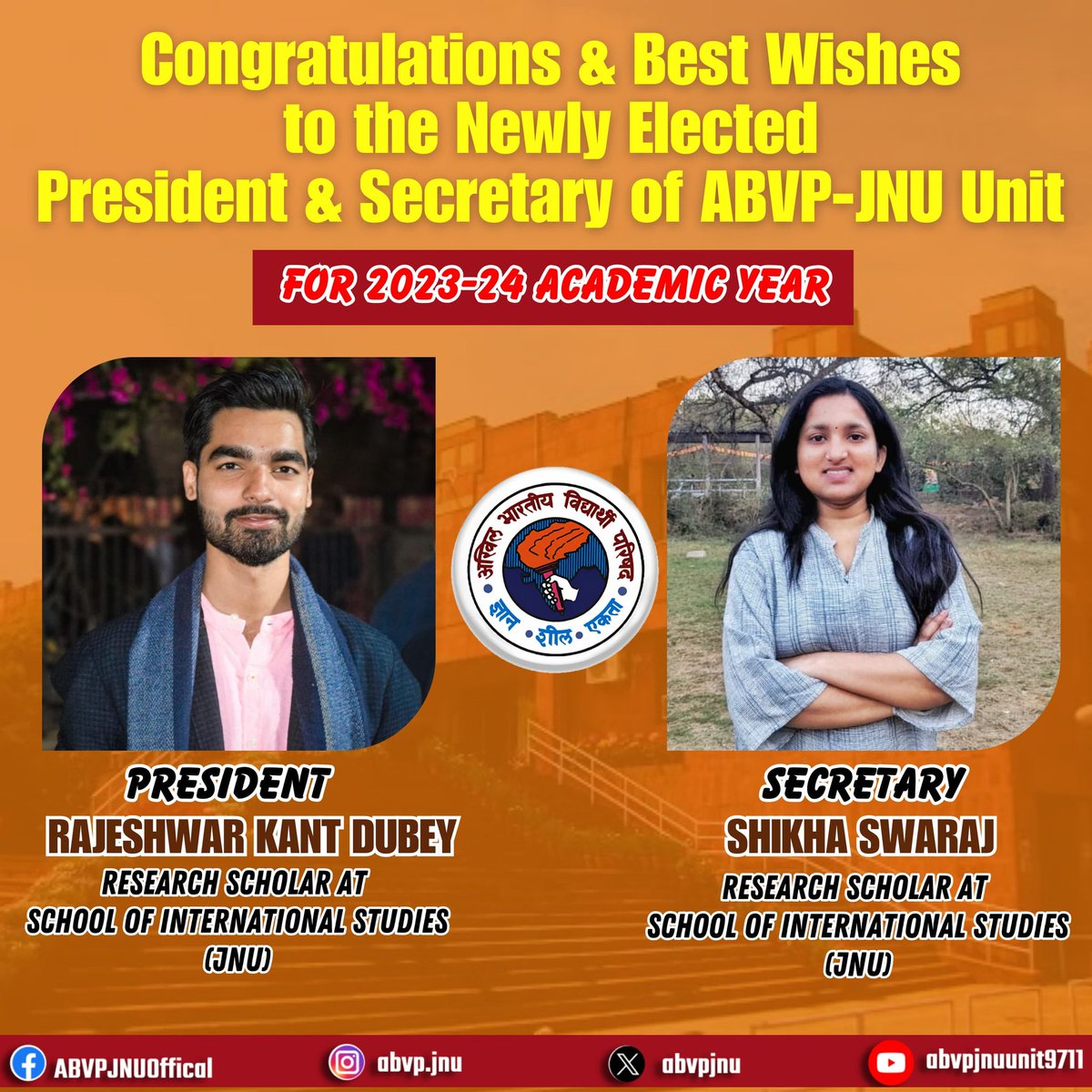 abvpjnu's tweet photo. Many Many Congratulations &amp; Best Wishes to the Newly Elected President Rajeshwar Kant Dubey &amp; Secretary Shikha Swaraj for Academic Session 2023-24.

#ABVP #JNU #ABVPJNU https://t.co/t858wjT7NU