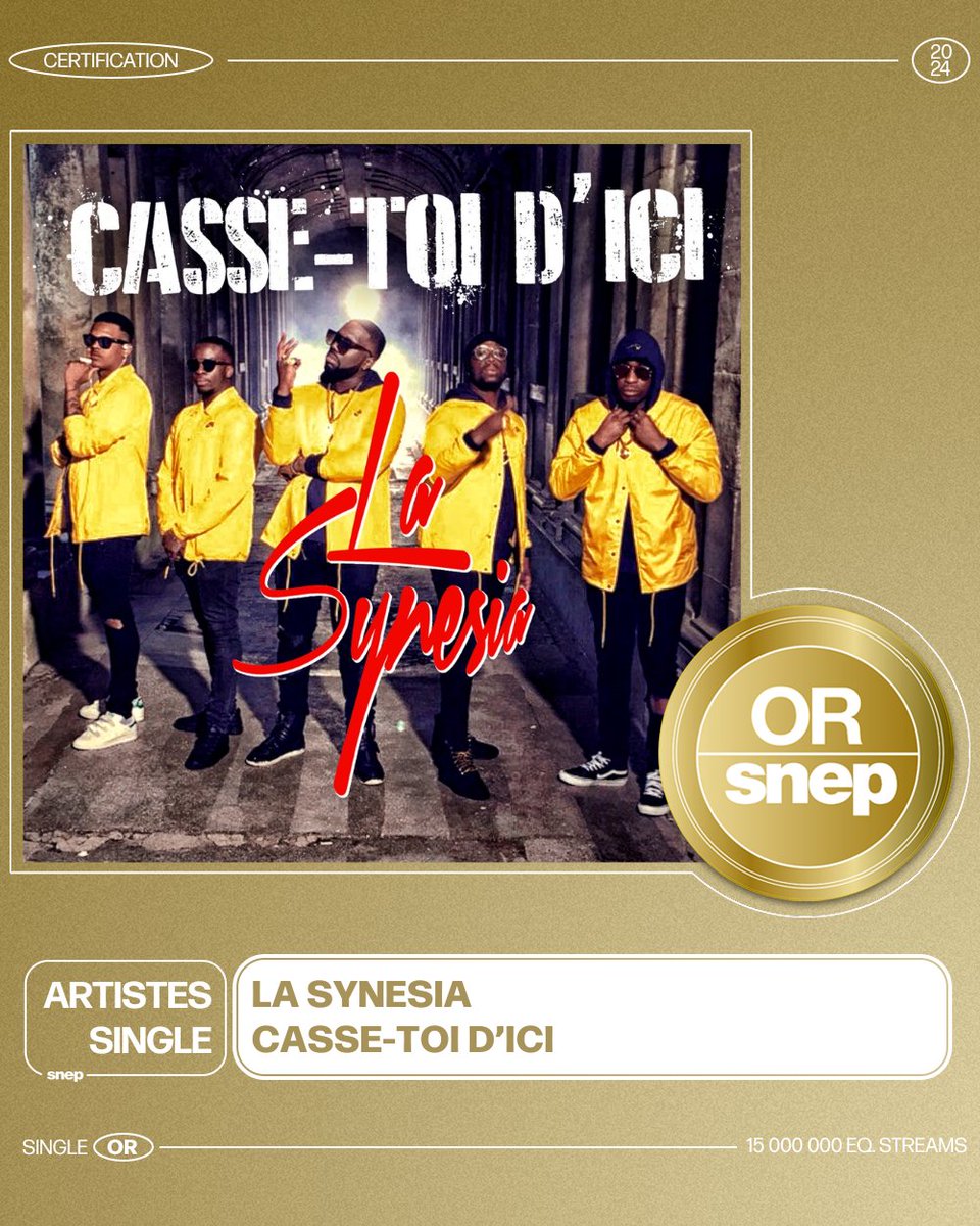 Le titre « Casse-toi d’ici » de La Synesia est certifié Single Or ! 📀 15 000 000 équivalents streams 🎧 Bravo ! 👏