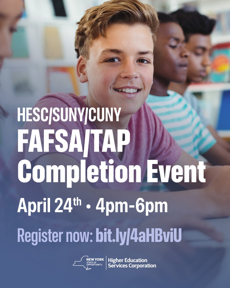 Students! Join one of the many in-person or virtual FAFSA/TAP completion events below to get one-on-one help from financial aid professionals who can walk you through the application process. Get help: bit.ly/3VUw7oB #FAFSA #TAP #SUNY #CUNY #HESC #NYS