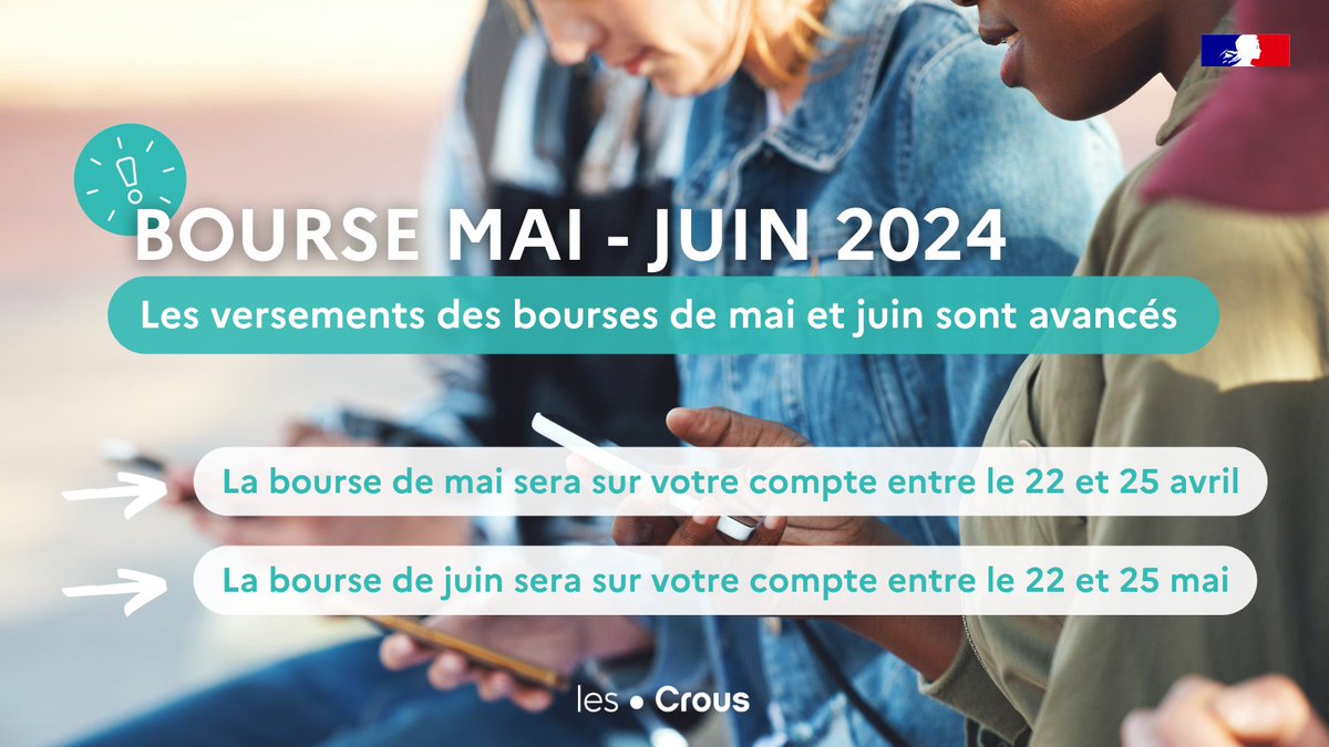 Pour des raisons techniques, les versements des bourses des mois de mai et juin sont avancés. La bourse du mois de mai sera versée sur votre compte entre le 22 et le 25 avril et celle du mois de juin entre le 22 et le 25 mai.