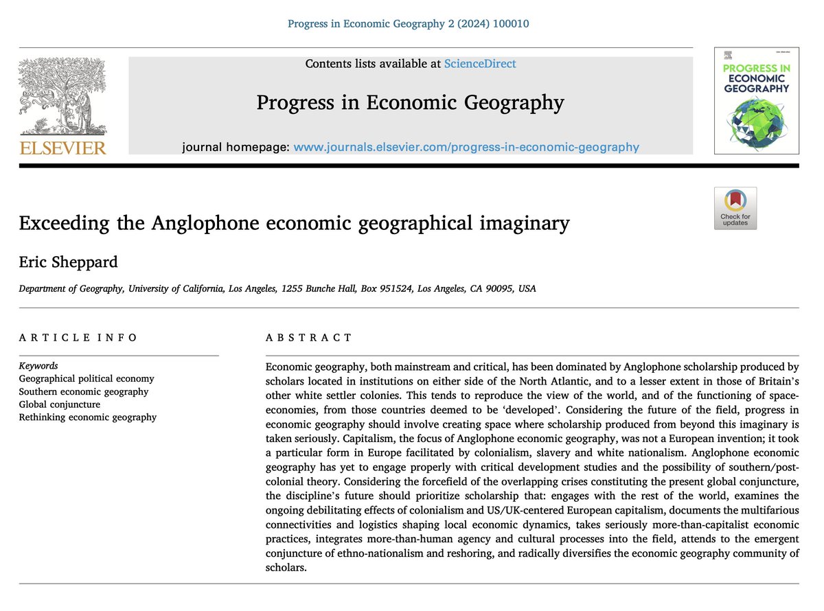 📗New paper published in Progress in Economic Geography: 'Exceeding the Anglophone economic geographical imaginary' by Eric Sheppard #OpenAccess # #economicgeography #PEG sciencedirect.com/science/articl…