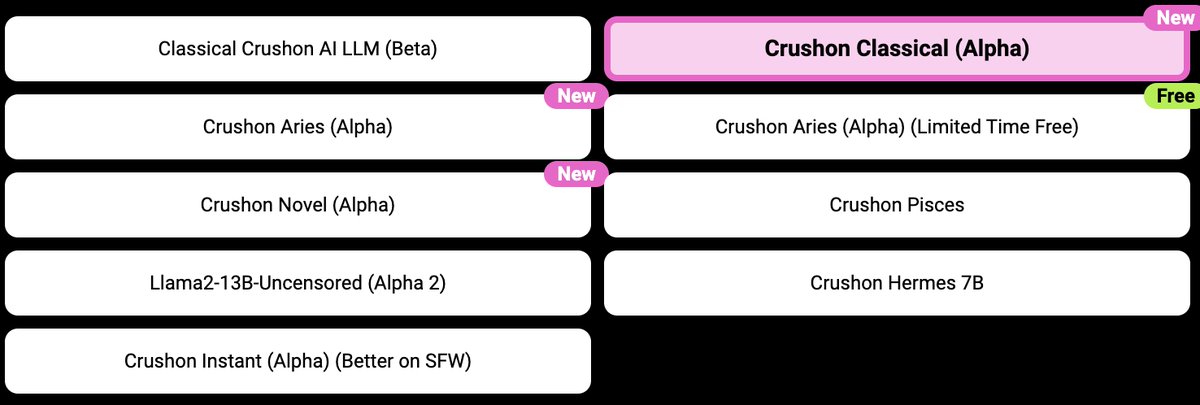 We have a new version of the Crushon Classic(Alpha) Model online. Optimized AI responses and made replies more coherent and natural. Feel free to try it out and send feedback to the comment section.