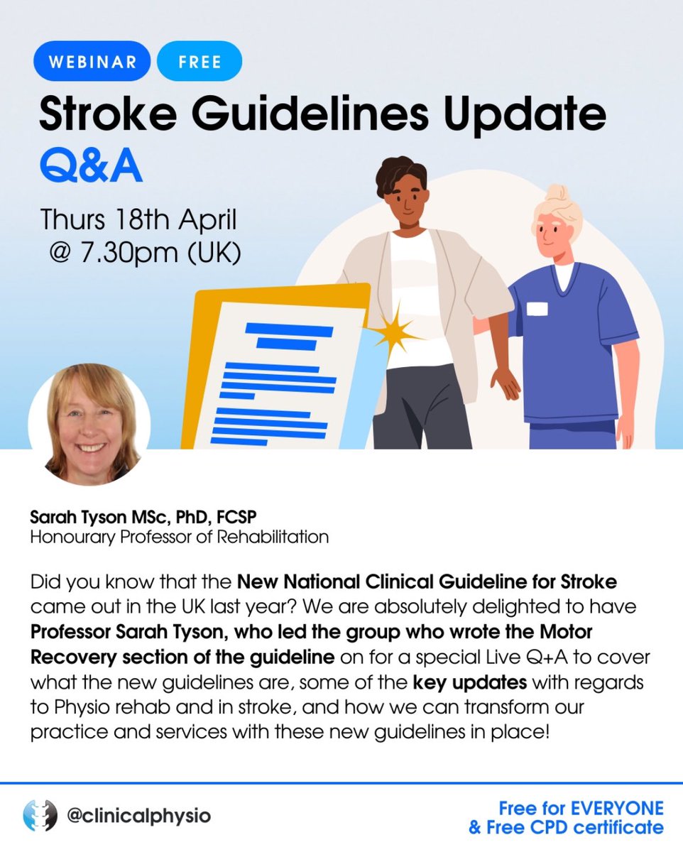 Clinical Physio (@clinicalphysio) on Twitter photo ⭐️Thrilled to be joined by <a href="/sarahftyson/">Sarahtyson</a> for a FREE UPDATE ON UK STROKE GUIDELINES
⭐️THIS THURSDAY 18TH APRIL
➡️ FREE CPD certificate and 72hr replay for all attendees!
⭐️ TO REGISTER: clinicalphysio.com/live-webinars
❤️ PLEASE SHARE - FREE CPD ⭐️Thrilled to be joined by <a href="/sarahftyson/">Sarahtyson</a> for a FREE UPDATE ON UK STROKE GUIDELINES
⭐️THIS THURSDAY 18TH APRIL
➡️ FREE CPD certificate and 72hr replay for all attendees!
⭐️ TO REGISTER: clinicalphysio.com/live-webinars
❤️ PLEASE SHARE - FREE CPD