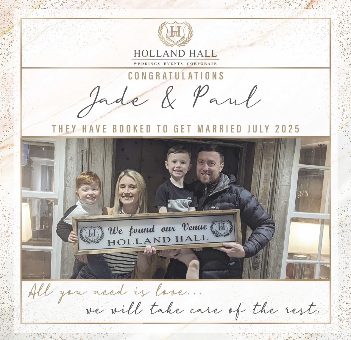 Congratulations Jade & Paul! They have booked to get married July 2025! 🤍💗💒 

All you need is love…we will take care of the rest. ❤️😍🫶🏼

#DreamVenue #Love #JustMarried #Celebration #bespokewedding #AllYouNeedIsLove #hiddengemofwestlancs #wearehollandhall
 #lancashirevenue