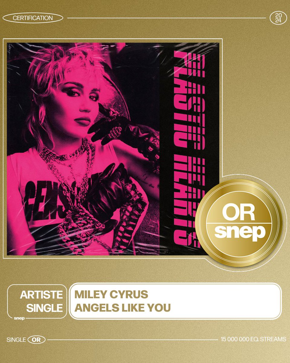 Le titre « Angels like you » de Miley Cyrus est certifié Single Or ! 📀 15 000 000 équivalents streams 🎧 Bravo ! 👏